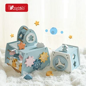 Wooden Space-Themed Busy Tower Toy - Multi-Activity Sensory Play Center with Beads, Gears & Shape Sorters for Toddlers W12D764